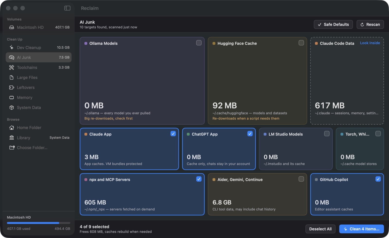 ddeploy's AI Junk screen with Ollama, Hugging Face, Claude and ChatGPT cache boxes