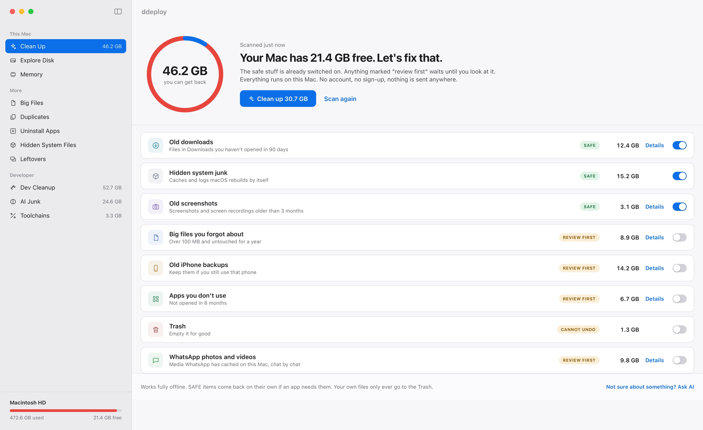 ddeploy's home screen: a ring showing space you can get back, one Clean up button, and a plain-English list of old downloads, hidden system junk, screenshots, big files, iPhone backups and unused apps