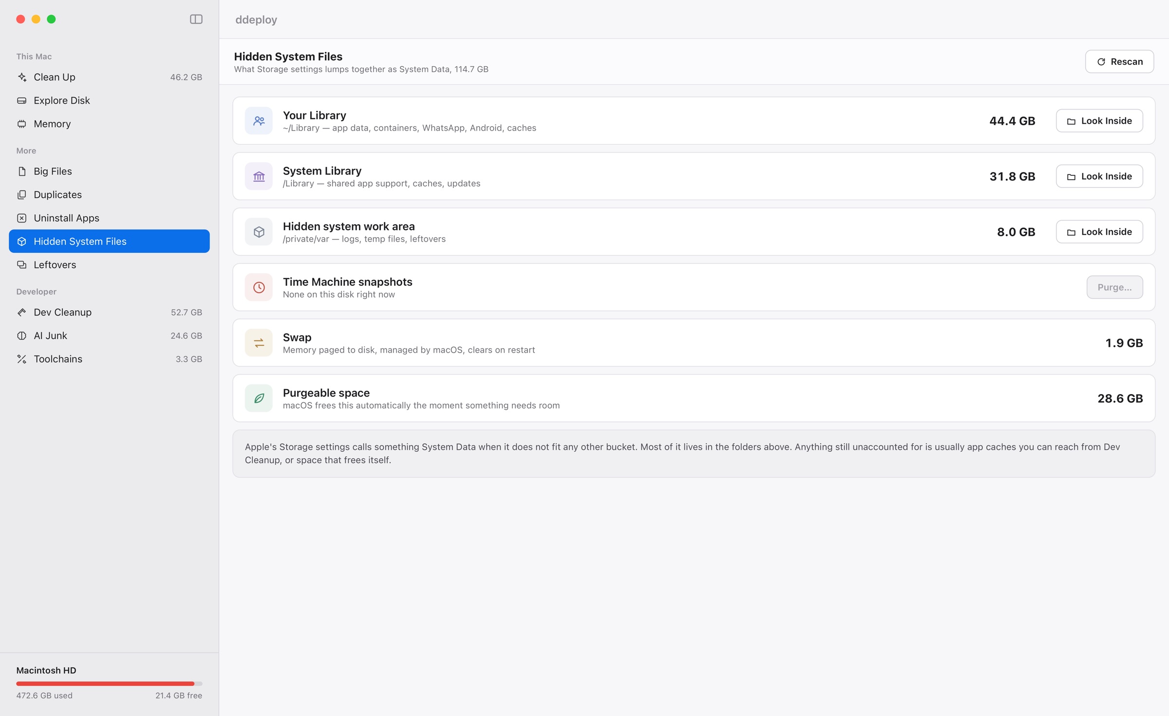 ddeploy's Hidden System Files screen breaking down Library folders, snapshots, swap and purgeable space