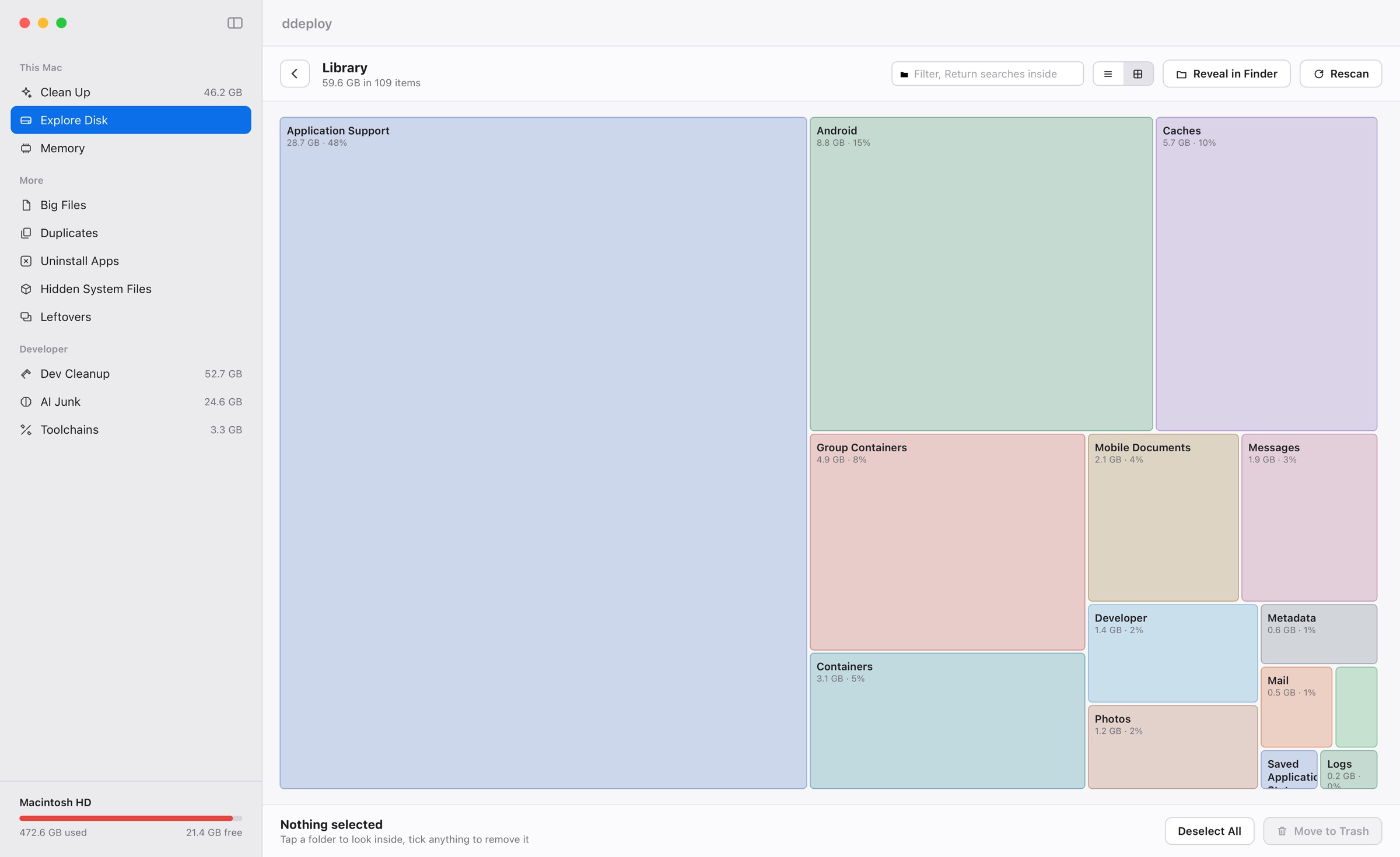 ddeploy's Explore Disk treemap of the Library folder: Application Support, Android, Caches and Group Containers as blocks sized by how much space they take